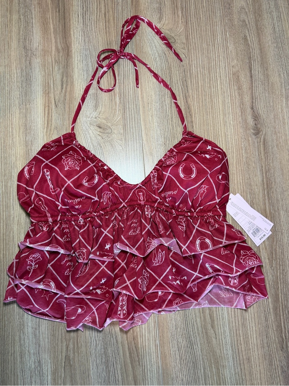 wild fable Red Printed Ruffle Halter Camisole